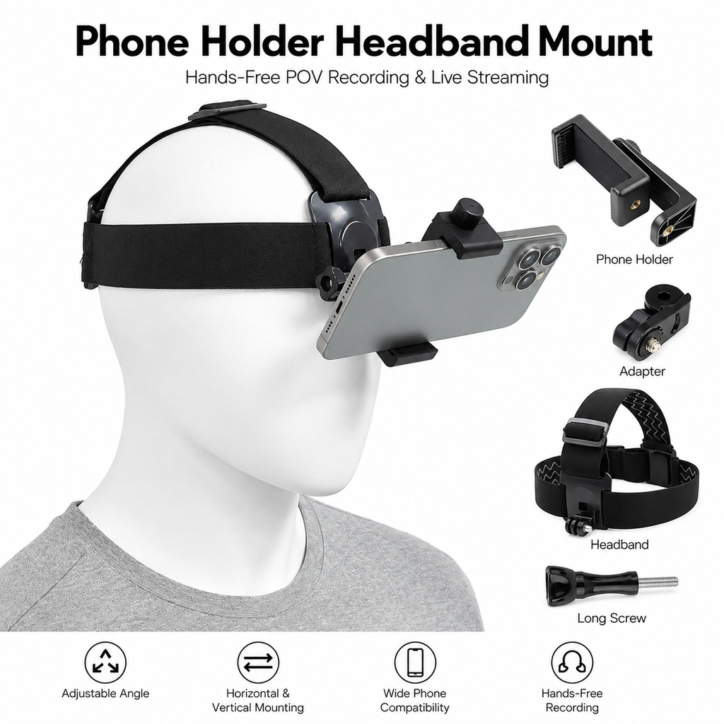 Adjustable Head Mount Phone Holder for POV Recording & Live Streaming