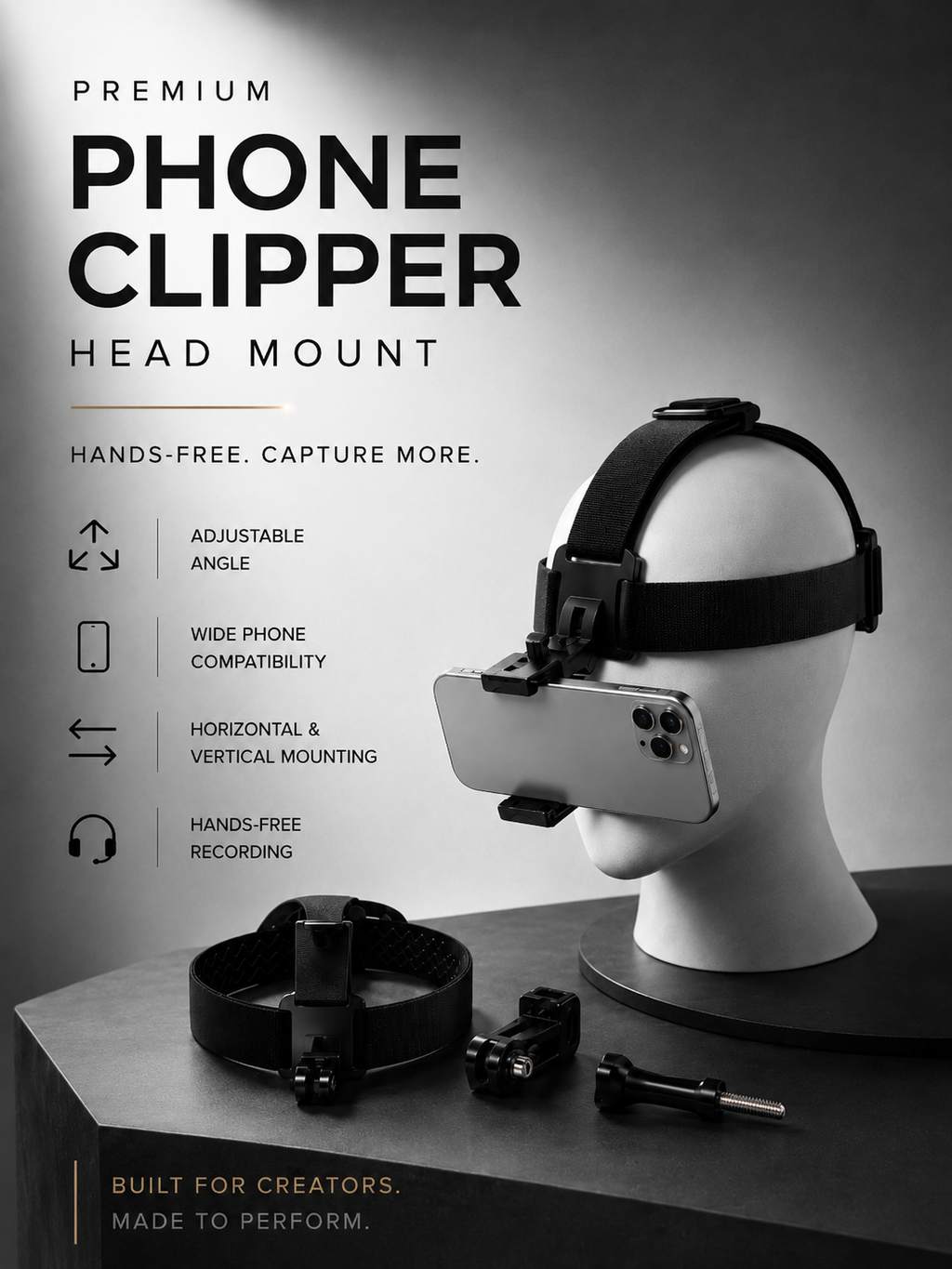Adjustable Head Mount Phone Holder for POV Recording & Live Streaming